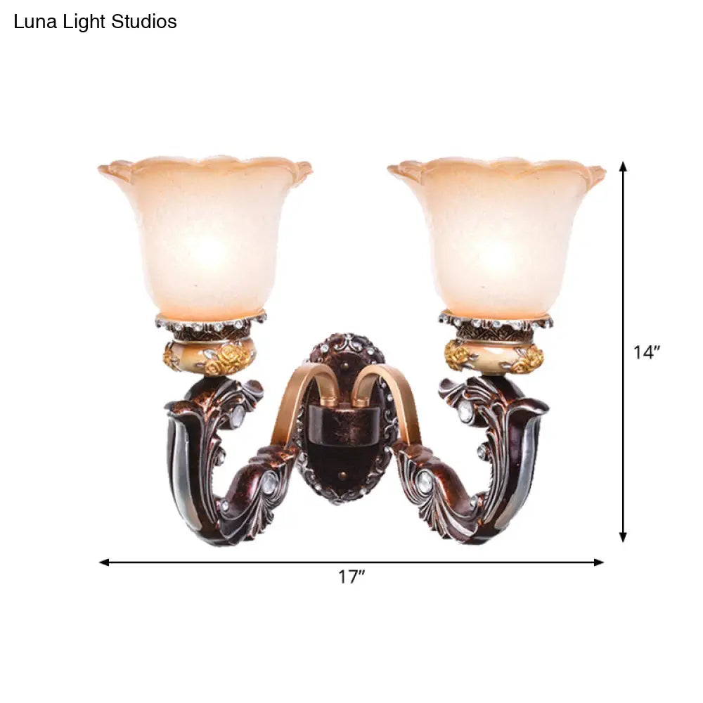 Vintage Brown Half-Head Wall Lamp with Pink and White Floral-Shaped Glass - Retro Wall Lighting Fixture