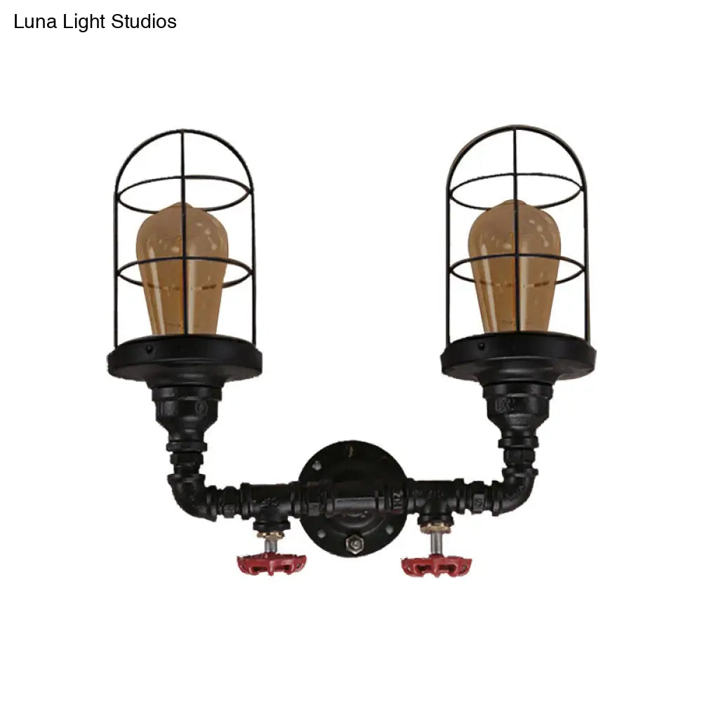 Vintage Caged Metal Shade Wall Mount Sconce with Red Valve and Pipe - Set of 2 Bulb Lights - Black Finish