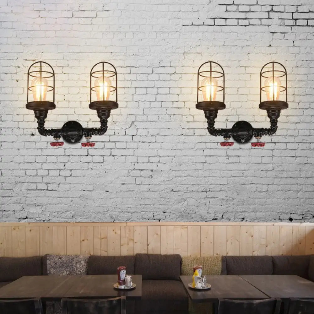 Vintage Caged Metal Shade Wall Mount Sconce with Red Valve and Pipe - Set of 2 Bulb Lights - Black Finish