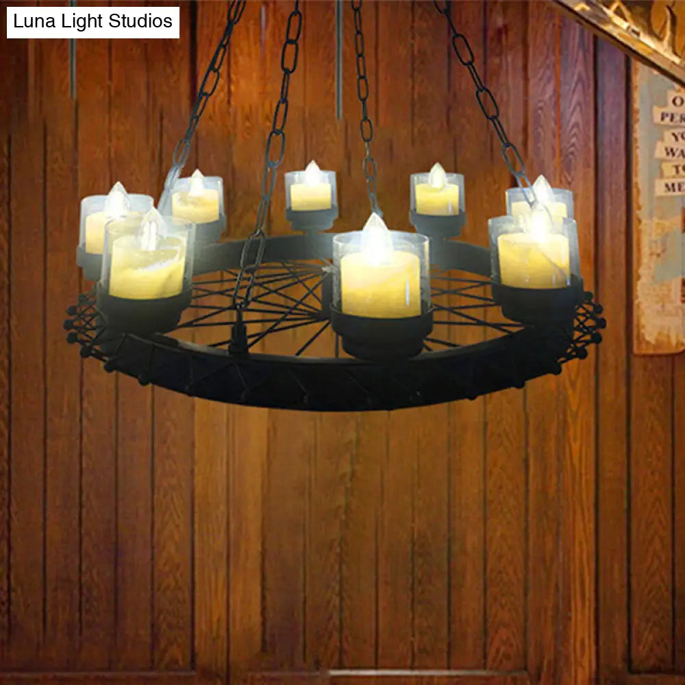 Vintage Candle Ceiling Light Fixture: Black Iron Chandelier with Cylinder Shade & Wheel Design - Ideal for Restaurant Lighting (8-Light)