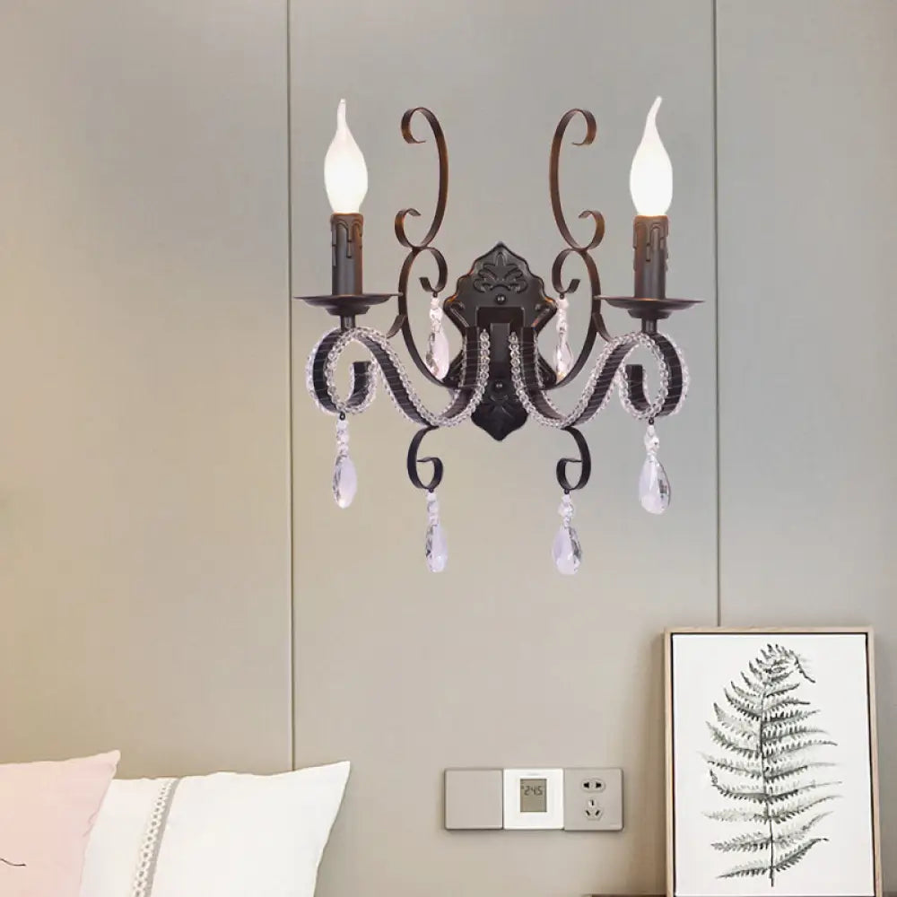 Vintage Candle Wall Lamp with Crystal Accent, Black Metal Finish
