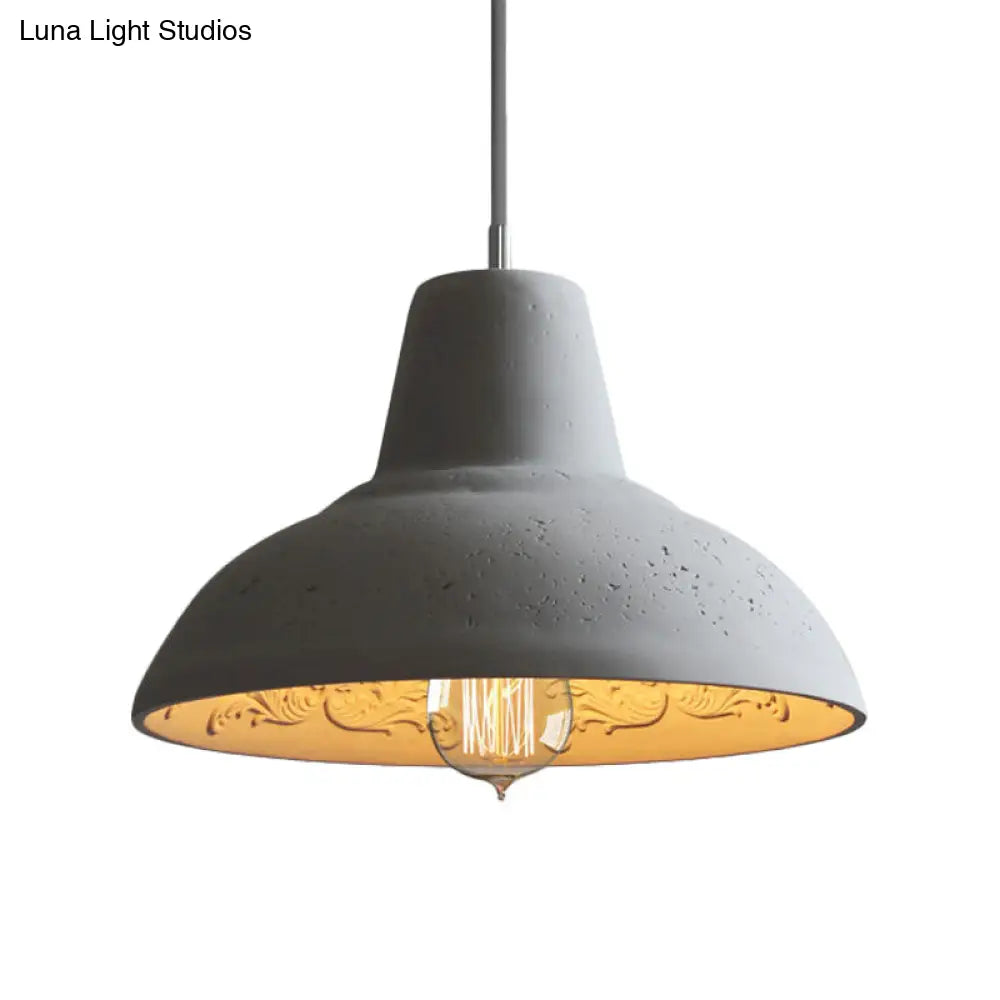 Vintage Cement Hanging Light Fixture - 1-Light Restaurant Ceiling Lamp in White/Grey with Carved Interior