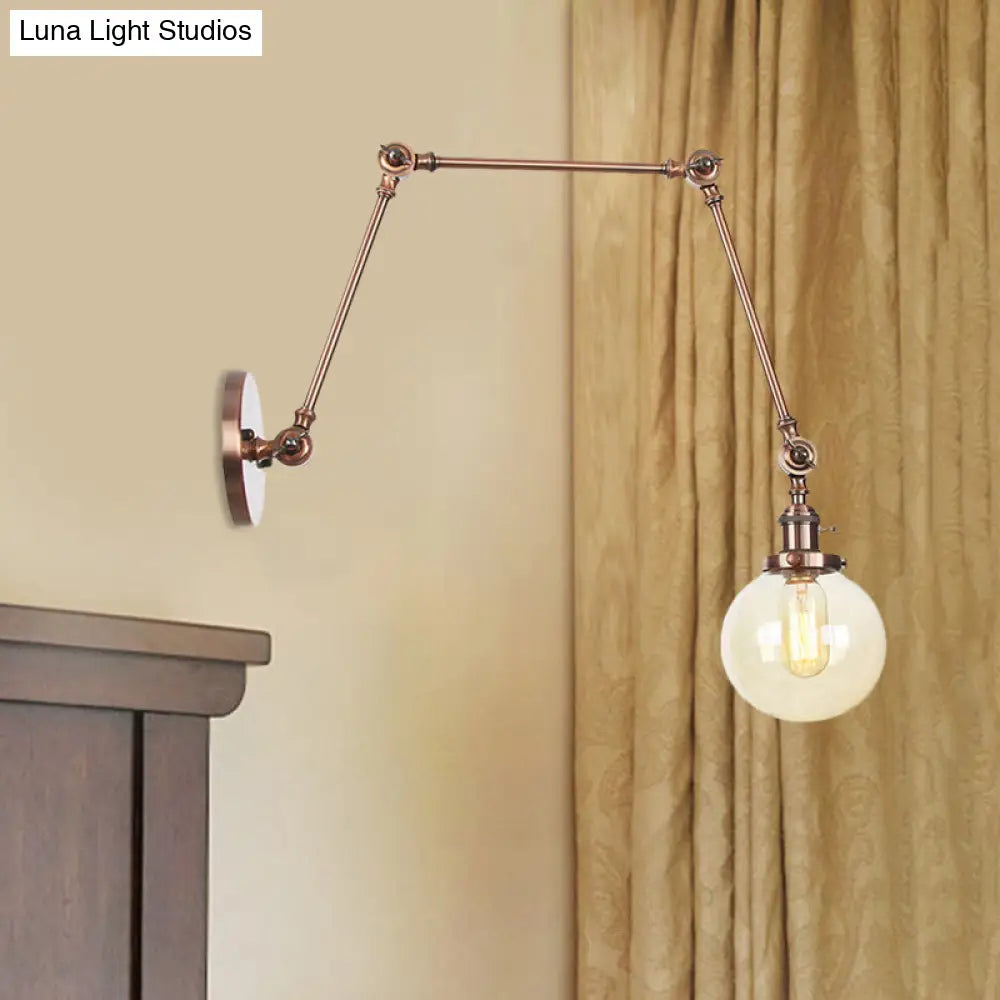 Vintage Chrome/Copper/Bronze Orb Wall Sconce Lamp - Clear/Amber Glass, Adjustable Arm, 1 Light - Ideal for Living Room - 8'+8'/8'+8'+8'L