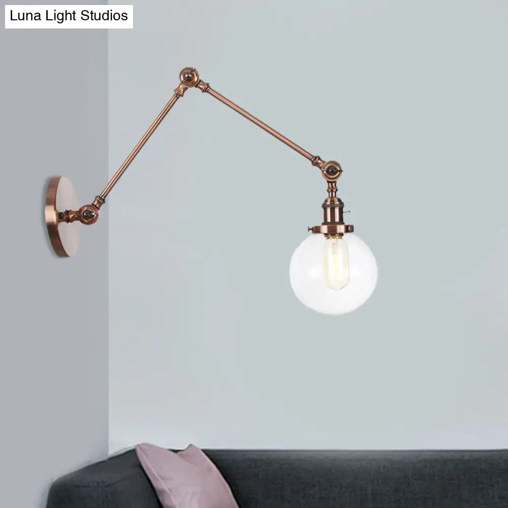 Vintage Chrome/Copper/Bronze Orb Wall Sconce Lamp - Clear/Amber Glass, Adjustable Arm, 1 Light - Ideal for Living Room - 8'+8'/8'+8'+8'L