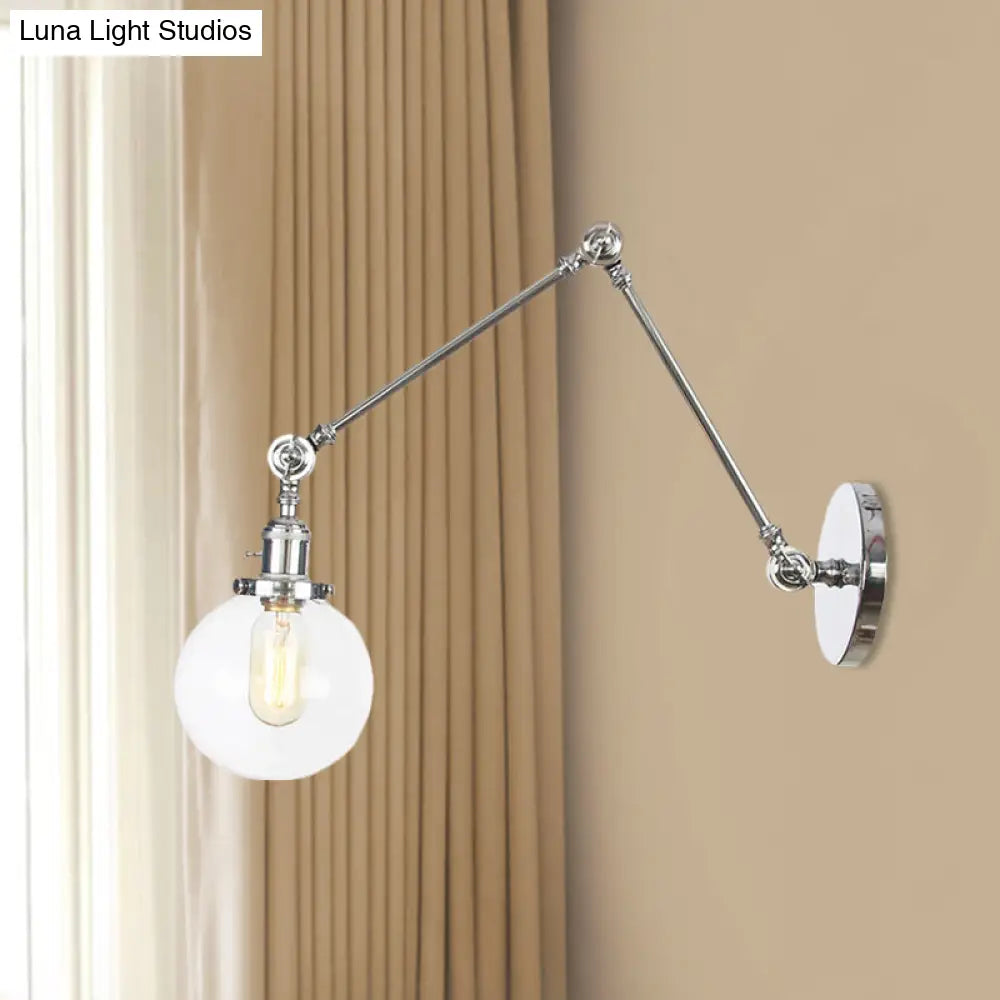 Vintage Chrome/Copper/Bronze Orb Wall Sconce Lamp - Clear/Amber Glass, Adjustable Arm, 1 Light - Ideal for Living Room - 8'+8'/8'+8'+8'L