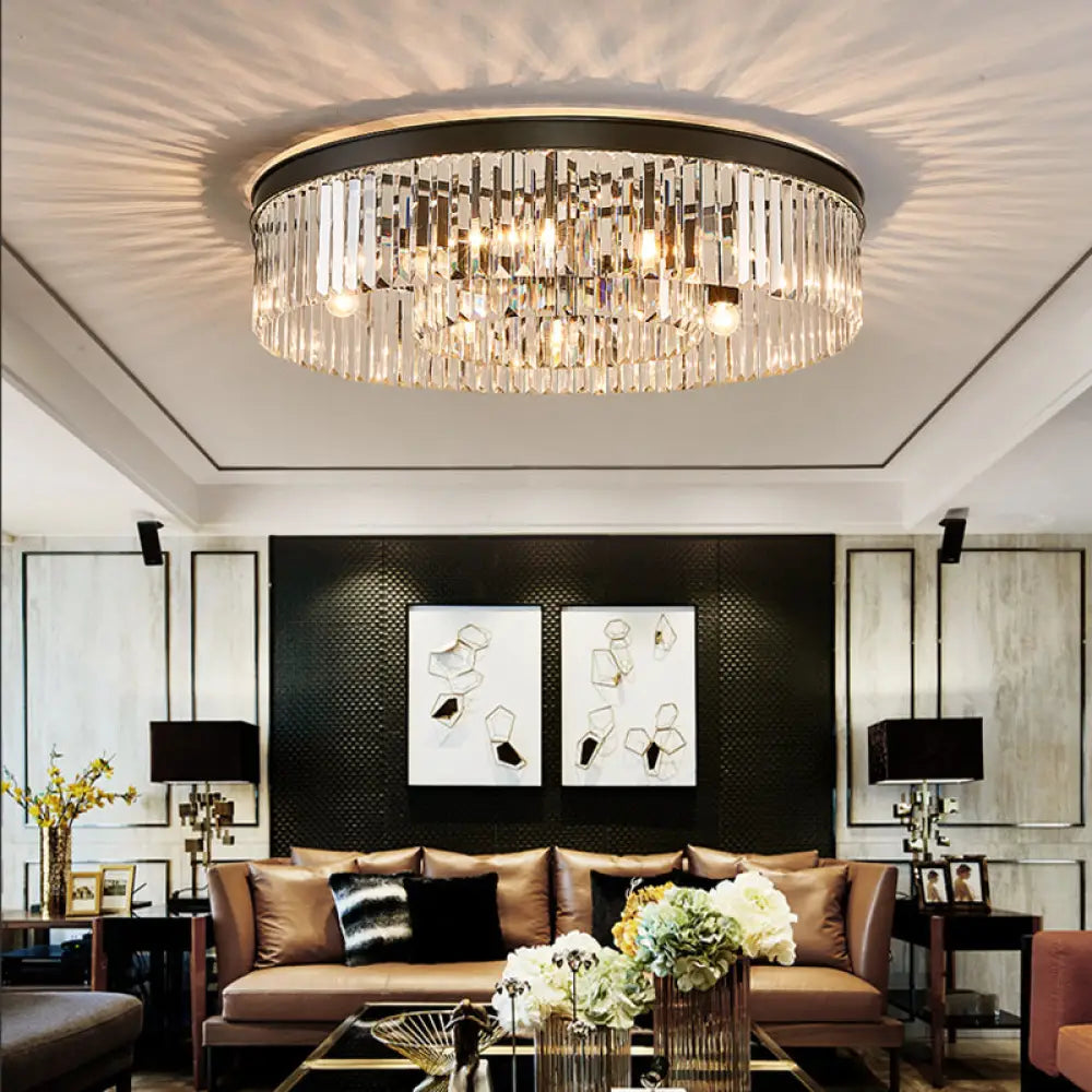 Vintage Circular Flush Mount Ceiling Lamp with Clear Crystal Prism in Black - 4/6/8 Lights