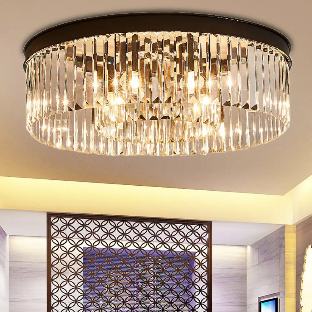 Vintage Circular Flush Mount Ceiling Lamp with Clear Crystal Prism in Black - 4/6/8 Lights