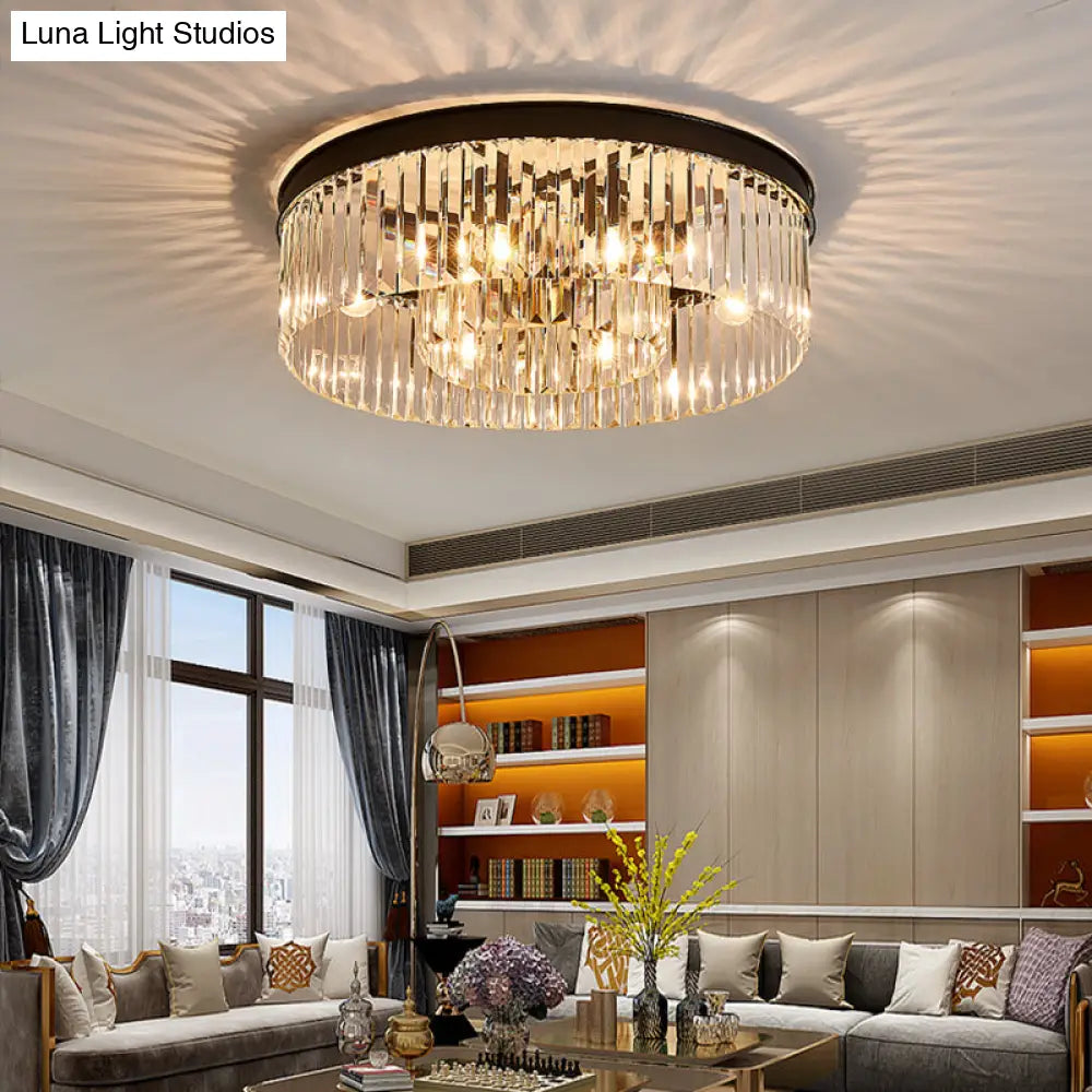 Vintage Circular Flush Mount Ceiling Lamp with Clear Crystal Prism in Black - 4/6/8 Lights
