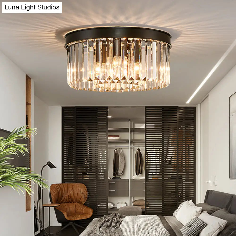 Vintage Circular Flush Mount Ceiling Lamp with Clear Crystal Prism in Black - 4/6/8 Lights