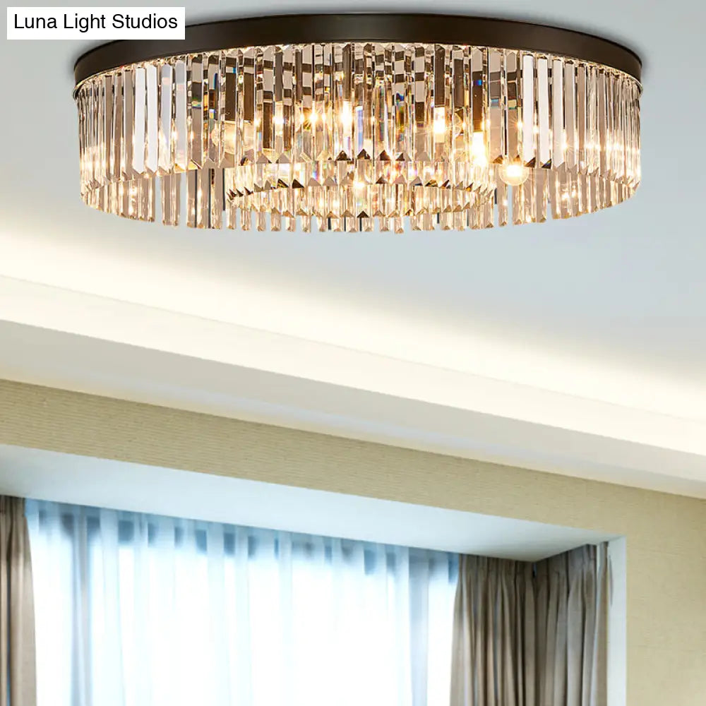 Vintage Circular Flush Mount Ceiling Lamp with Clear Crystal Prism in Black - 4/6/8 Lights