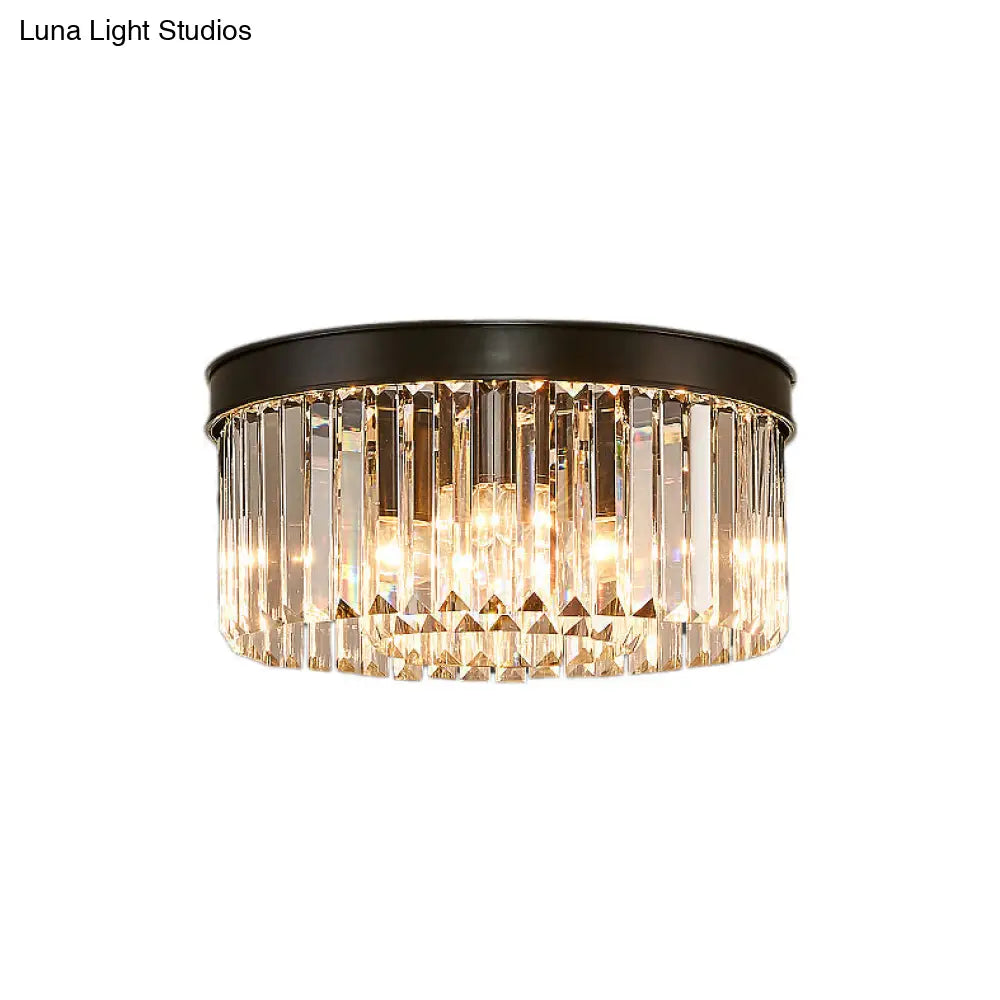 Vintage Circular Flush Mount Ceiling Lamp with Clear Crystal Prism in Black - 4/6/8 Lights