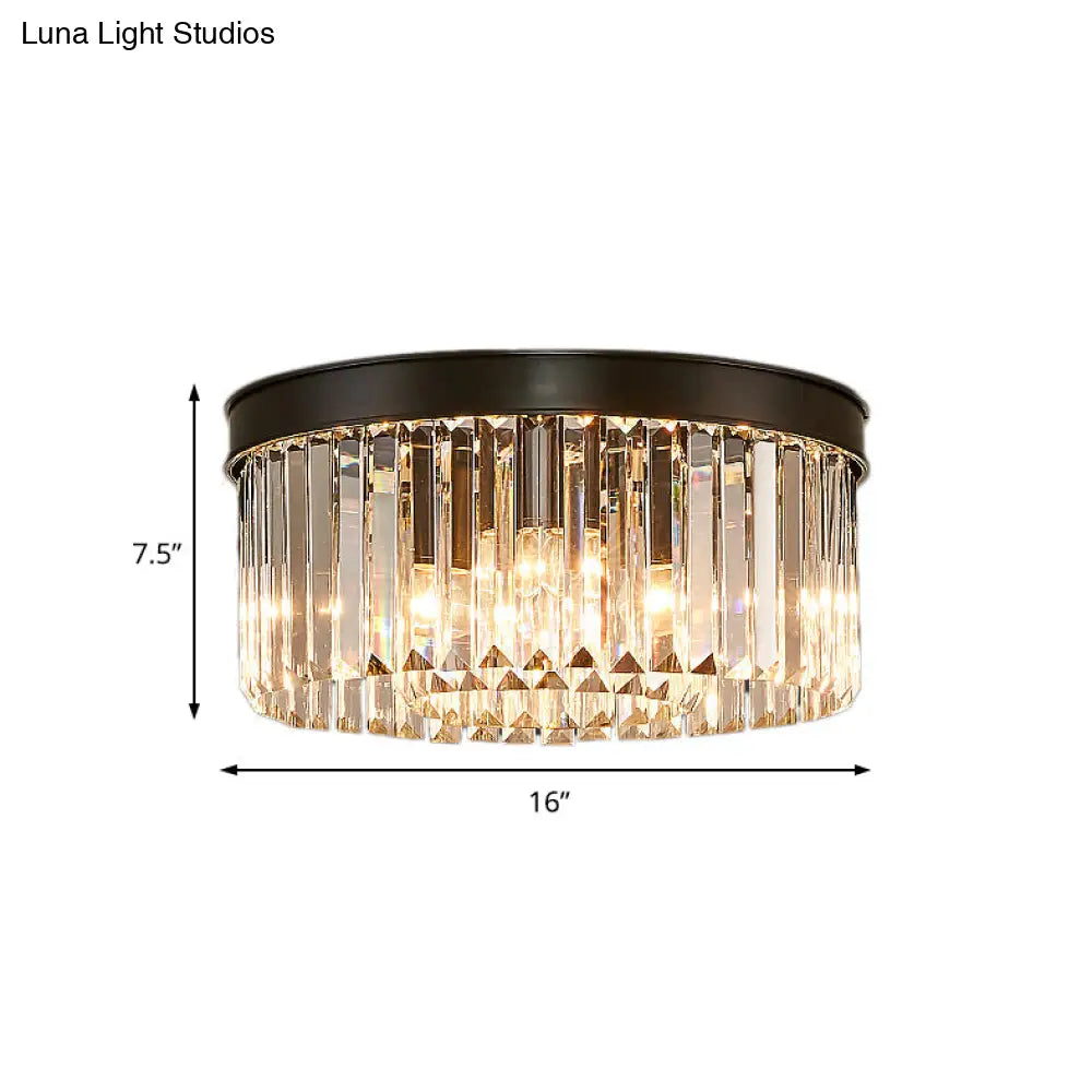 Vintage Circular Flush Mount Ceiling Lamp with Clear Crystal Prism in Black - 4/6/8 Lights