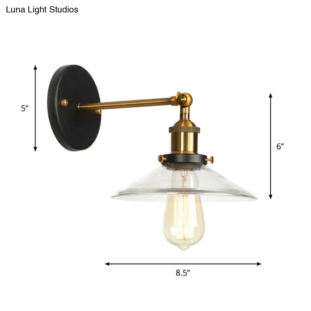 Vintage Clear Glass Bedside Wall Lamp- 1 Bulb Black-Brass Wall Light with Pivot Joint