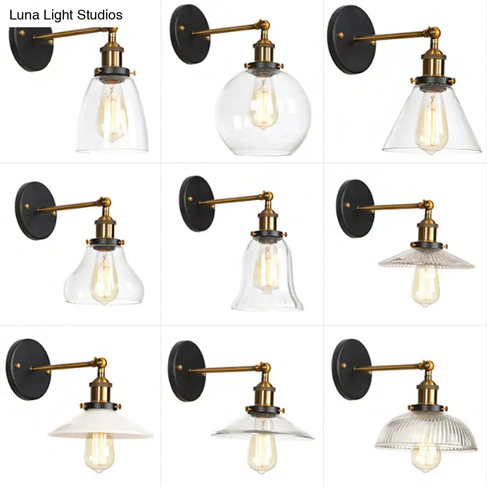 Vintage Clear Glass Bedside Wall Lamp- 1 Bulb Black-Brass Wall Light with Pivot Joint