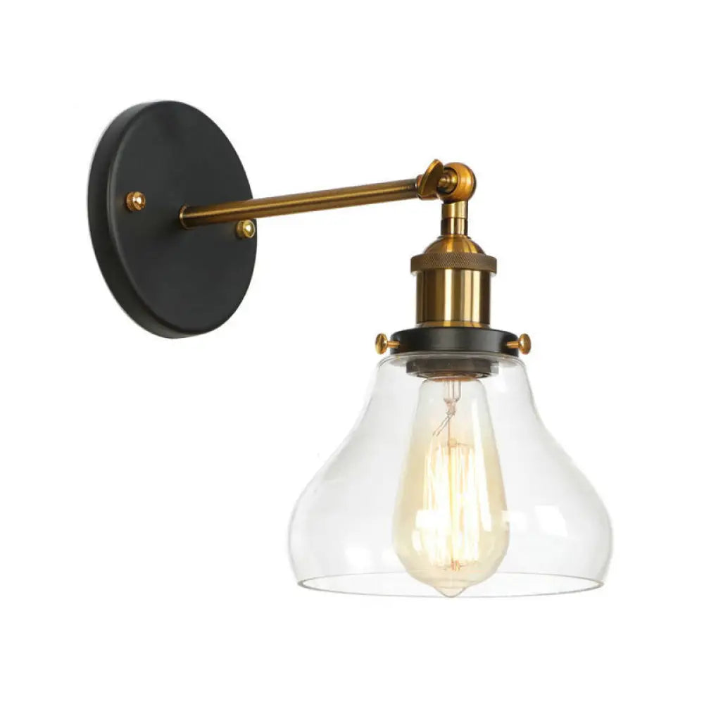 Vintage Clear Glass Bedside Wall Lamp- 1 Bulb Black-Brass Wall Light with Pivot Joint
