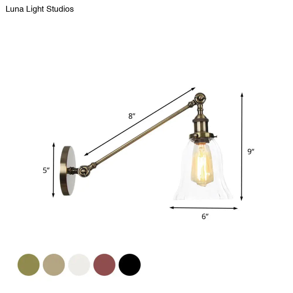 Vintage Clear Glass Bell Sconce with Arm - Black/Bronze/Brass 1-Light Wall Lighting Fixture, 8"/12" Long