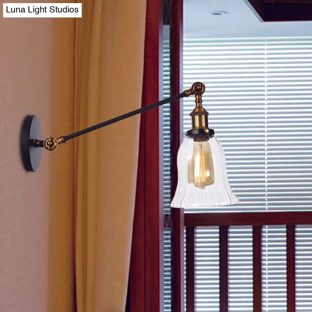 Vintage Clear Glass Bell Sconce with Arm - Black/Bronze/Brass 1-Light Wall Lighting Fixture, 8"/12" Long