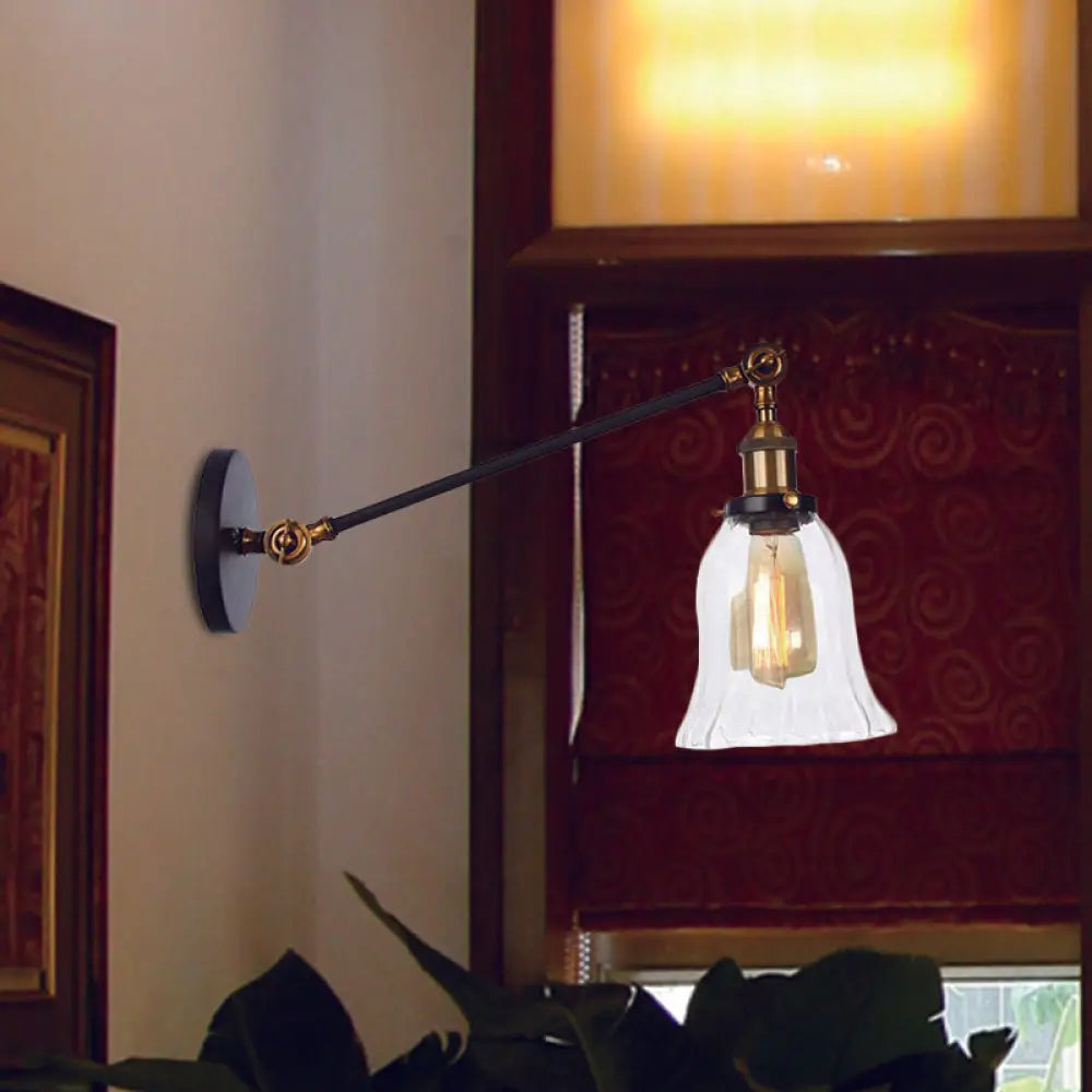 Vintage Clear Glass Bell Sconce with Arm - Black/Bronze/Brass 1-Light Wall Lighting Fixture, 8"/12" Long