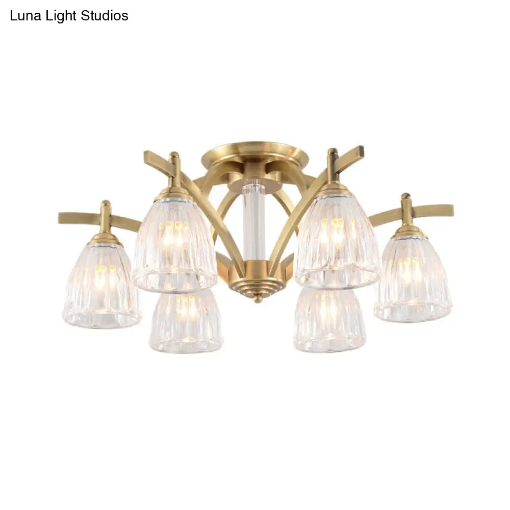 Vintage Clear Glass Cone Semi Flush Lamp with 6 Bulbs - Brass Ceiling Fixture for Dining Room