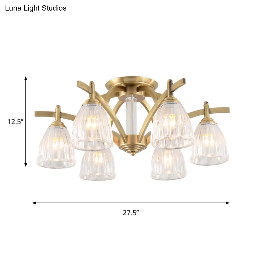 Vintage Clear Glass Cone Semi Flush Lamp with 6 Bulbs - Brass Ceiling Fixture for Dining Room