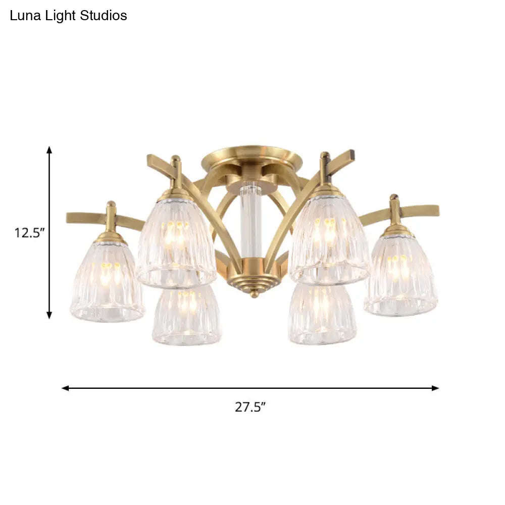 Vintage Clear Glass Cone Semi Flush Lamp with 6 Bulbs - Brass Ceiling Fixture for Dining Room