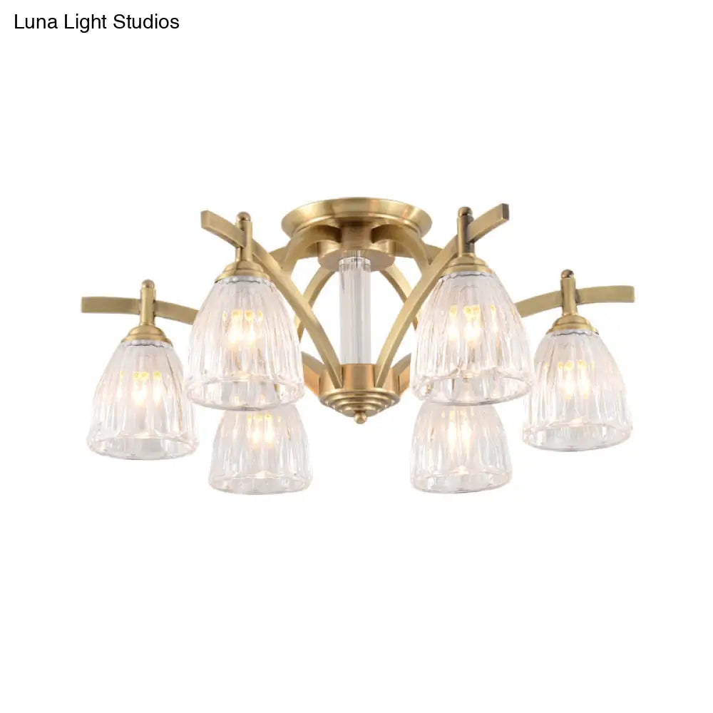 Vintage Clear Glass Cone Semi Flush Lamp with 6 Bulbs - Brass Ceiling Fixture for Dining Room
