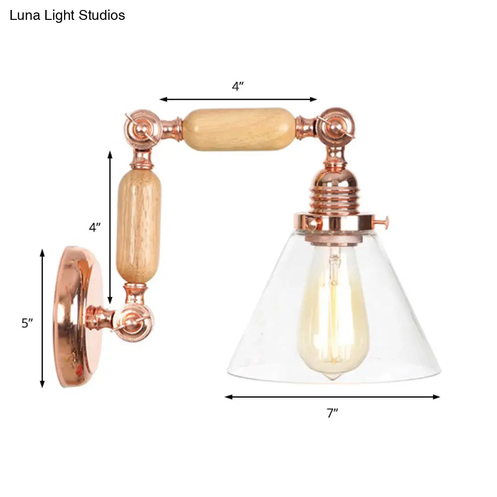 Vintage Clear Glass Cone Shade Sconce Light Fixture, Wood Wall Lamp with Long Arm - 1 Light