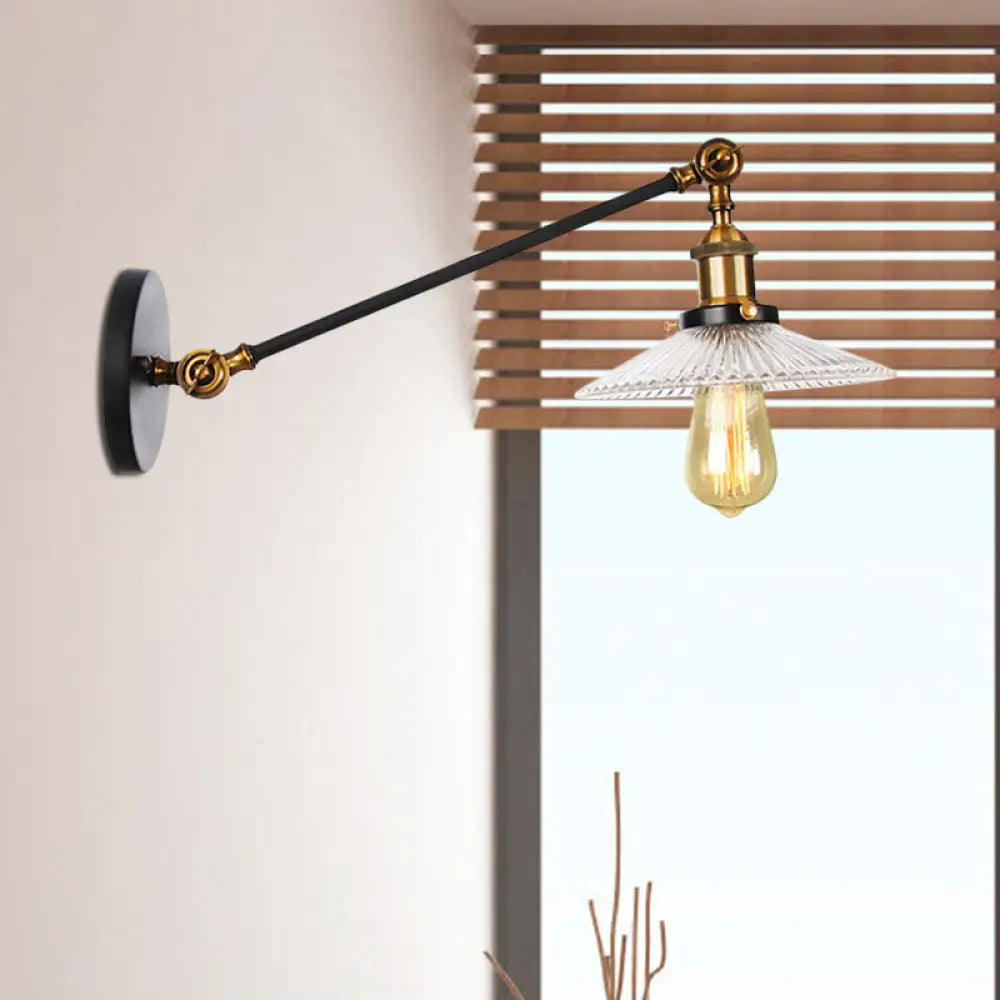 Vintage Clear Glass Ribbed Wall Lamp Saucer - Bronze/Brass/Copper Finish - 1 Light Fixture, 8"/12" L Arm