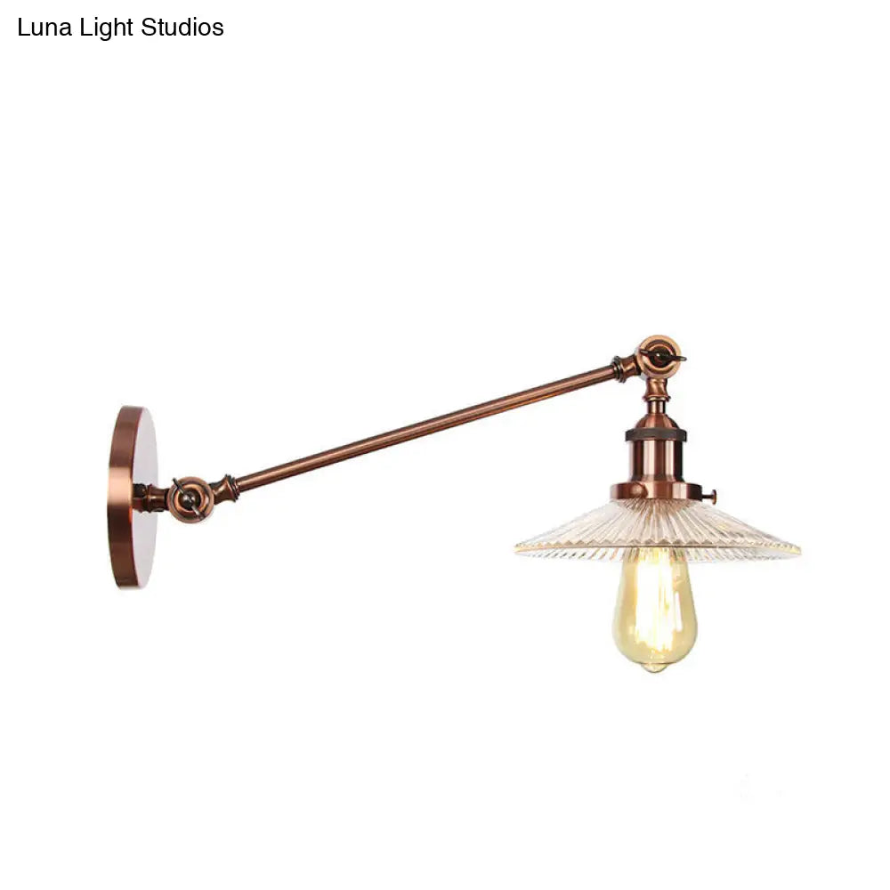 Vintage Clear Glass Ribbed Wall Lamp Saucer - Bronze/Brass/Copper Finish - 1 Light Fixture, 8"/12" L Arm