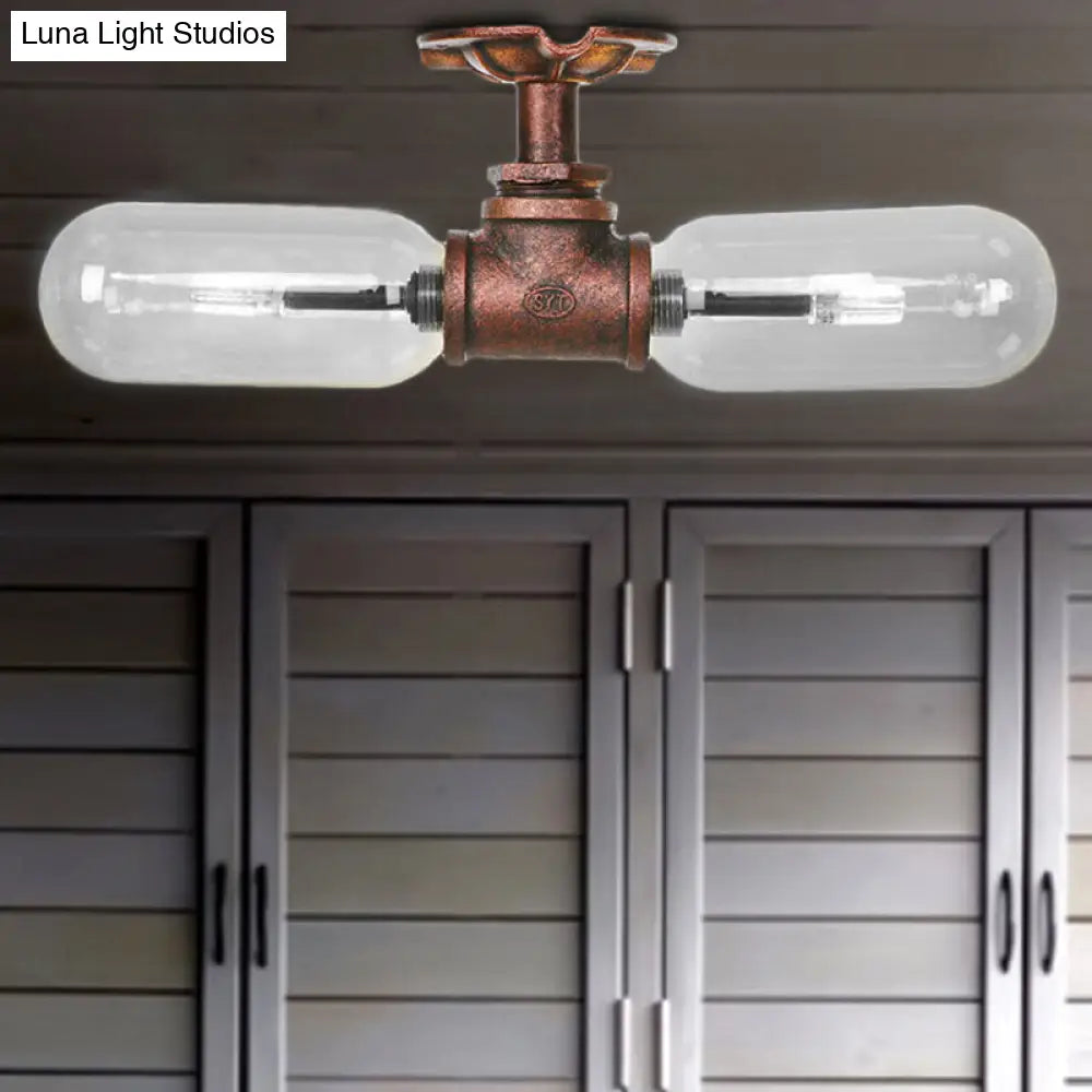 Vintage Clear Glass Semi Flush Light for Living Room with Weathered Copper Finish - 2-Light Ceiling Lighting