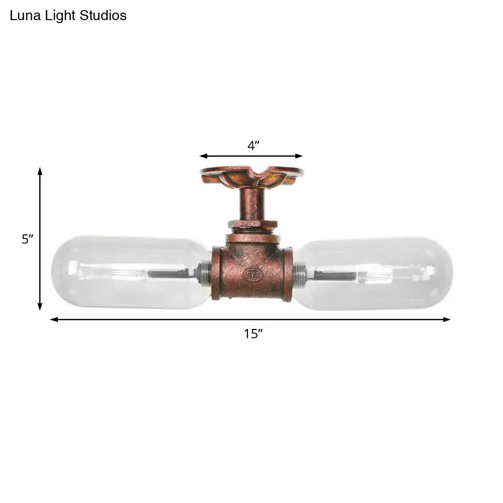 Vintage Clear Glass Semi Flush Light for Living Room with Weathered Copper Finish - 2-Light Ceiling Lighting