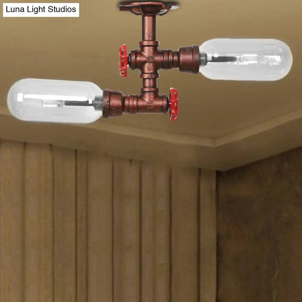 Vintage Clear Glass Semi Flush Light for Living Room with Weathered Copper Finish - 2-Light Ceiling Lighting