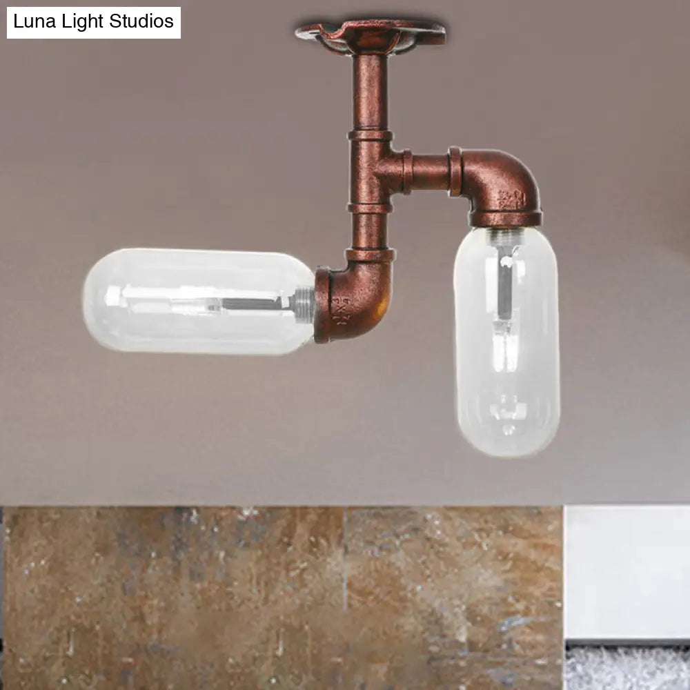 Vintage Clear Glass Semi Flush Light for Living Room with Weathered Copper Finish - 2-Light Ceiling Lighting