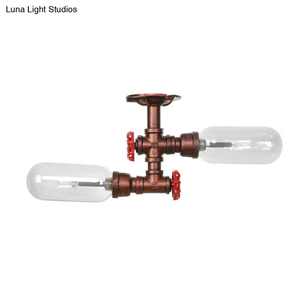 Vintage Clear Glass Semi Flush Light for Living Room with Weathered Copper Finish - 2-Light Ceiling Lighting