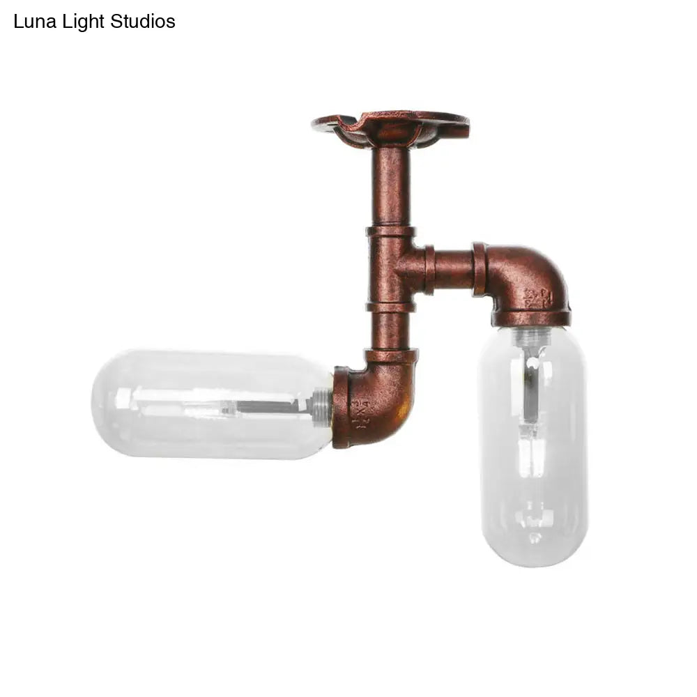 Vintage Clear Glass Semi Flush Light for Living Room with Weathered Copper Finish - 2-Light Ceiling Lighting