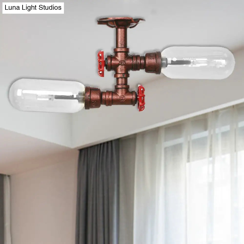 Vintage Clear Glass Semi Flush Light for Living Room with Weathered Copper Finish - 2-Light Ceiling Lighting