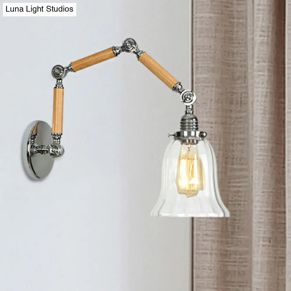 Vintage Clear Glass Wall Mounted Lamp - Flared Single Bulb Sconce Light with Extendable Wooden Arm