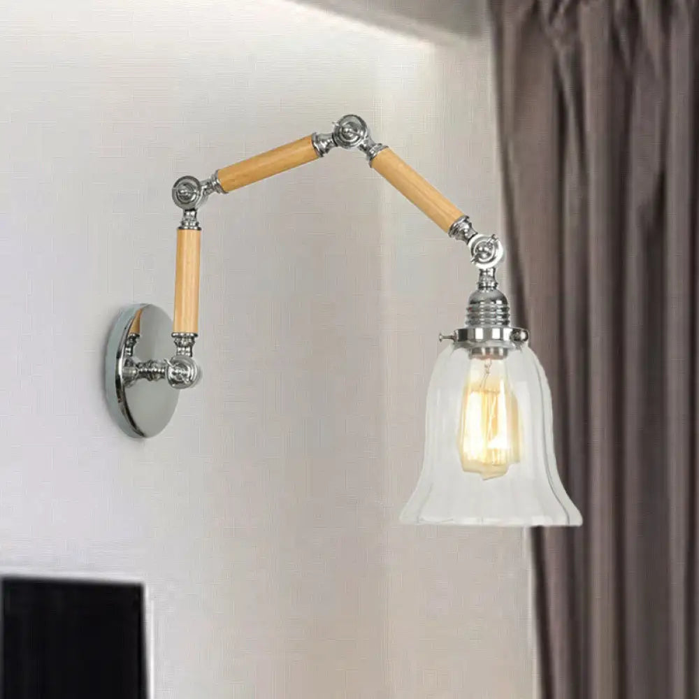 Vintage Clear Glass Wall Mounted Lamp - Flared Single Bulb Sconce Light with Extendable Wooden Arm