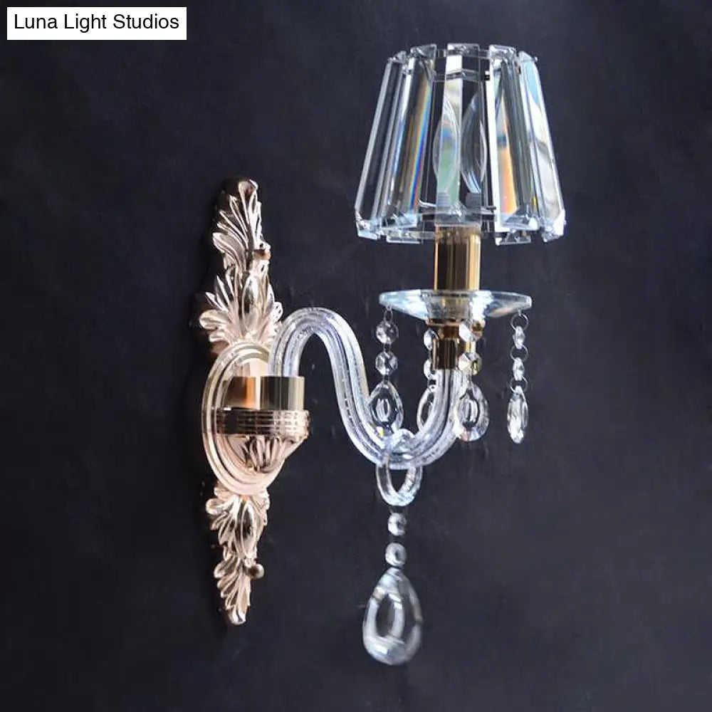 Vintage Clear Prismatic Crystal Cone Wall Lamp - Family Room Wall Light Fixture with Curved Tube Glass Arm