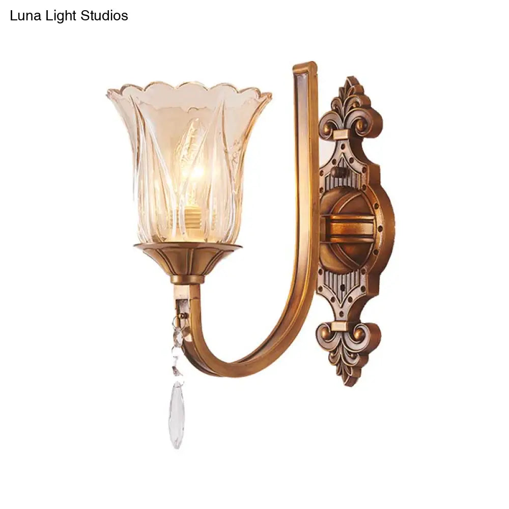 Vintage Cognac Glass Flower Wall Light with Brass Sconce, Crystal Drop - 1/2 Heads