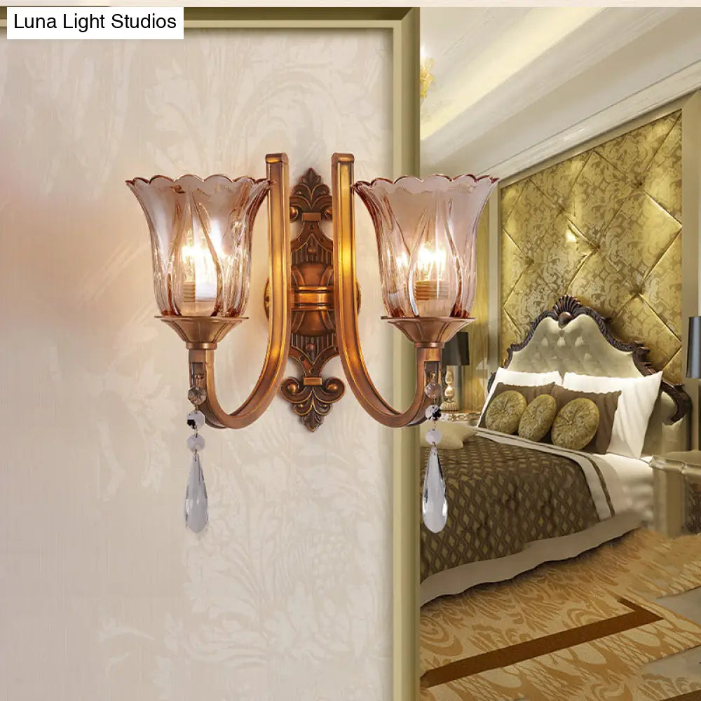 Vintage Cognac Glass Flower Wall Light with Brass Sconce, Crystal Drop - 1/2 Heads