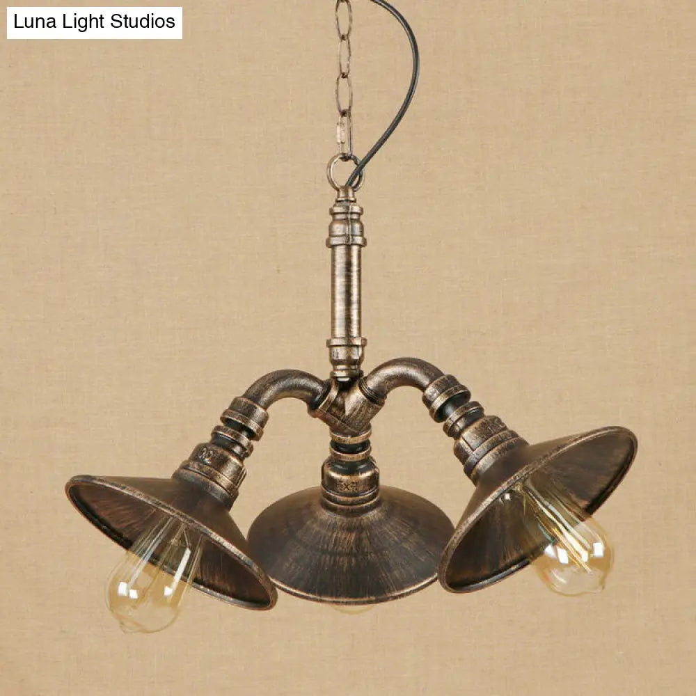 Vintage Cone Chandelier - Elegant 3-Bulb Wrought Iron Hanging Light in Bronze for Restaurants
