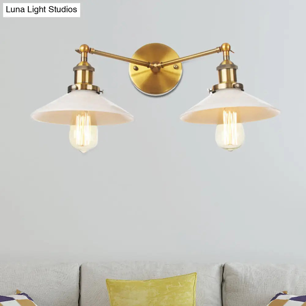 Vintage Cone Opal Glass Sconce Wall Hanging Light - 2 Lights - Bronze/Copper/Brass