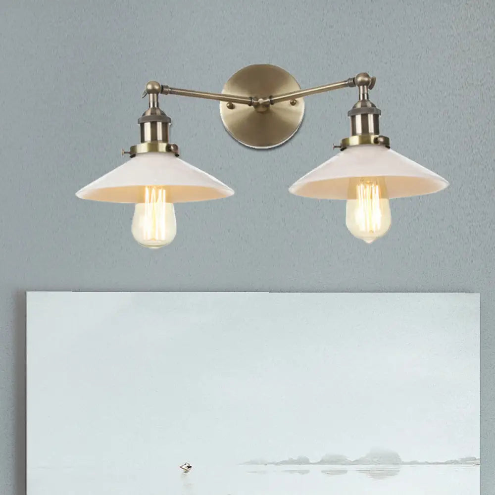 Vintage Cone Opal Glass Sconce Wall Hanging Light - 2 Lights - Bronze/Copper/Brass