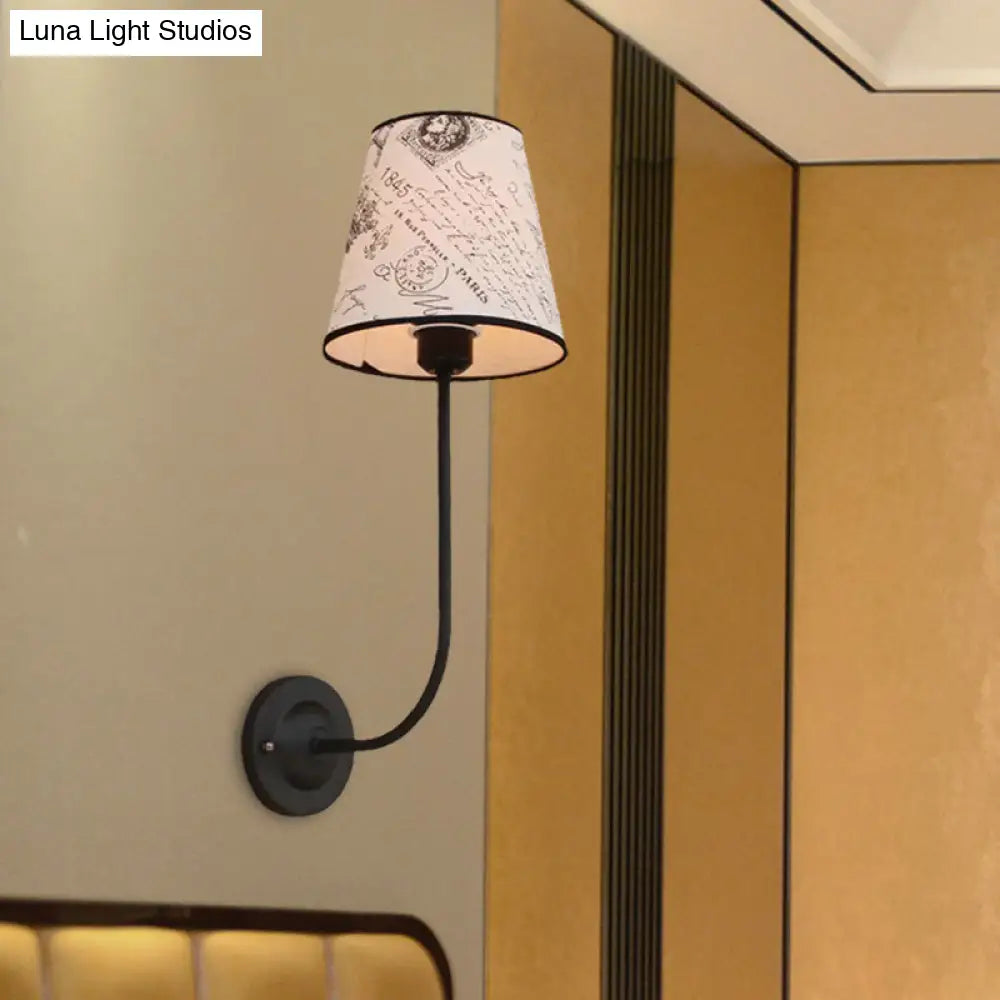 Vintage Conical Wall Lamp - Fabric and Metal Wall Mount with Curved Arm in White