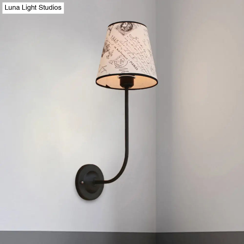 Vintage Conical Wall Lamp - Fabric and Metal Wall Mount with Curved Arm in White