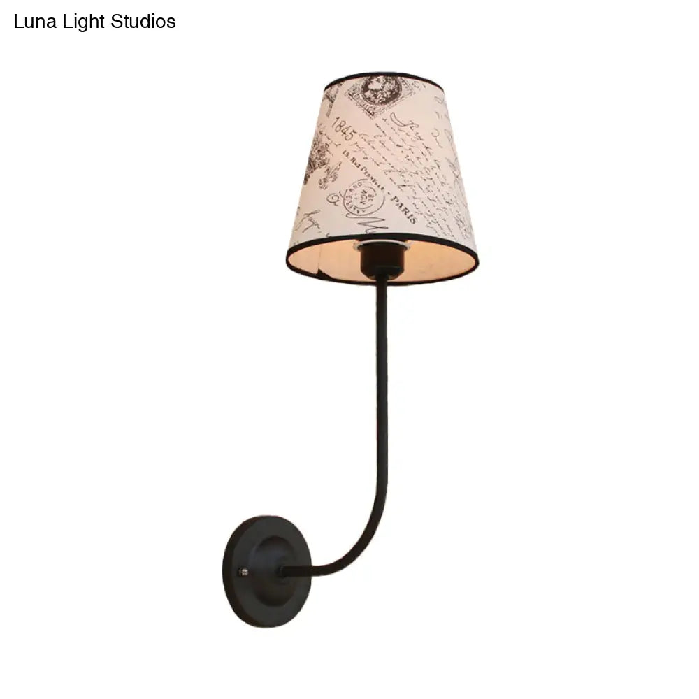 Vintage Conical Wall Lamp - Fabric and Metal Wall Mount with Curved Arm in White
