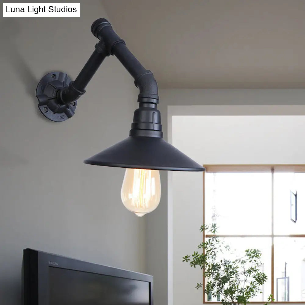 Vintage Conical Wall Sconce Light with Unique Pipe Design - Black Metal, Ideal for Bedroom