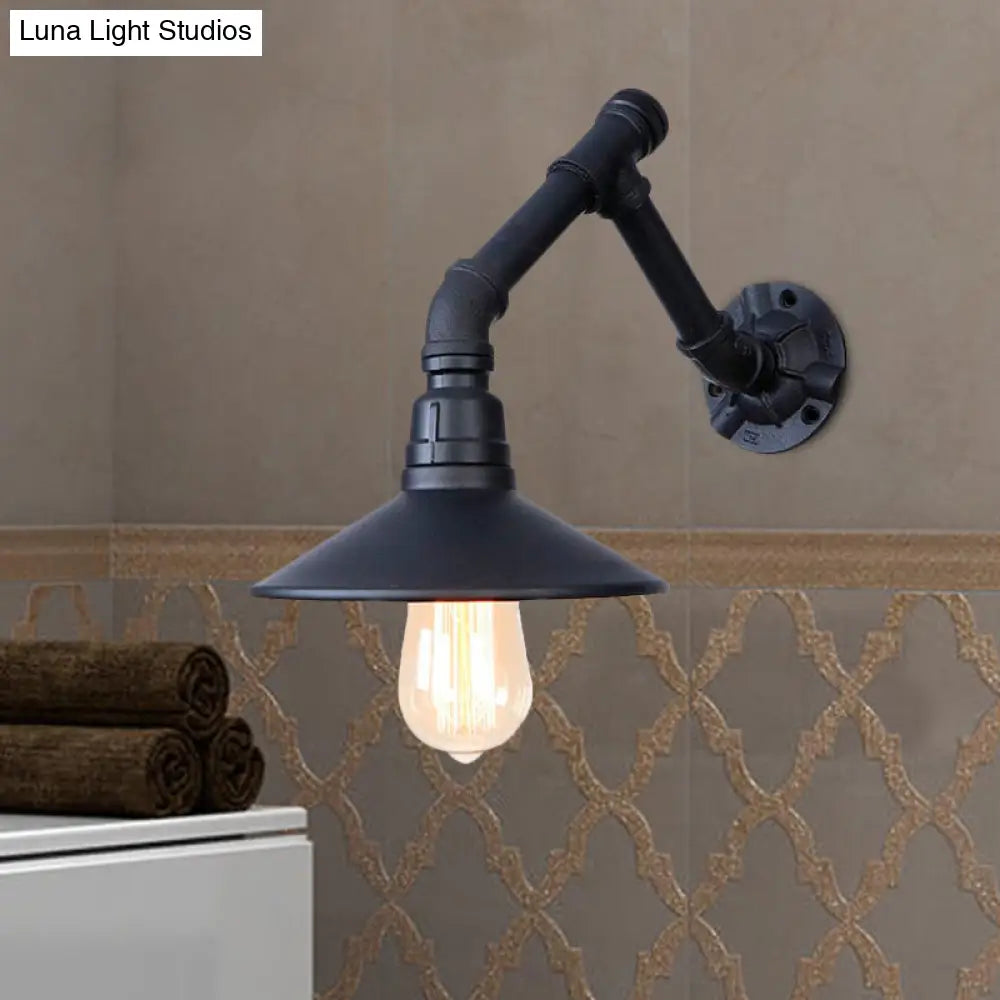 Vintage Conical Wall Sconce Light with Unique Pipe Design - Black Metal, Ideal for Bedroom