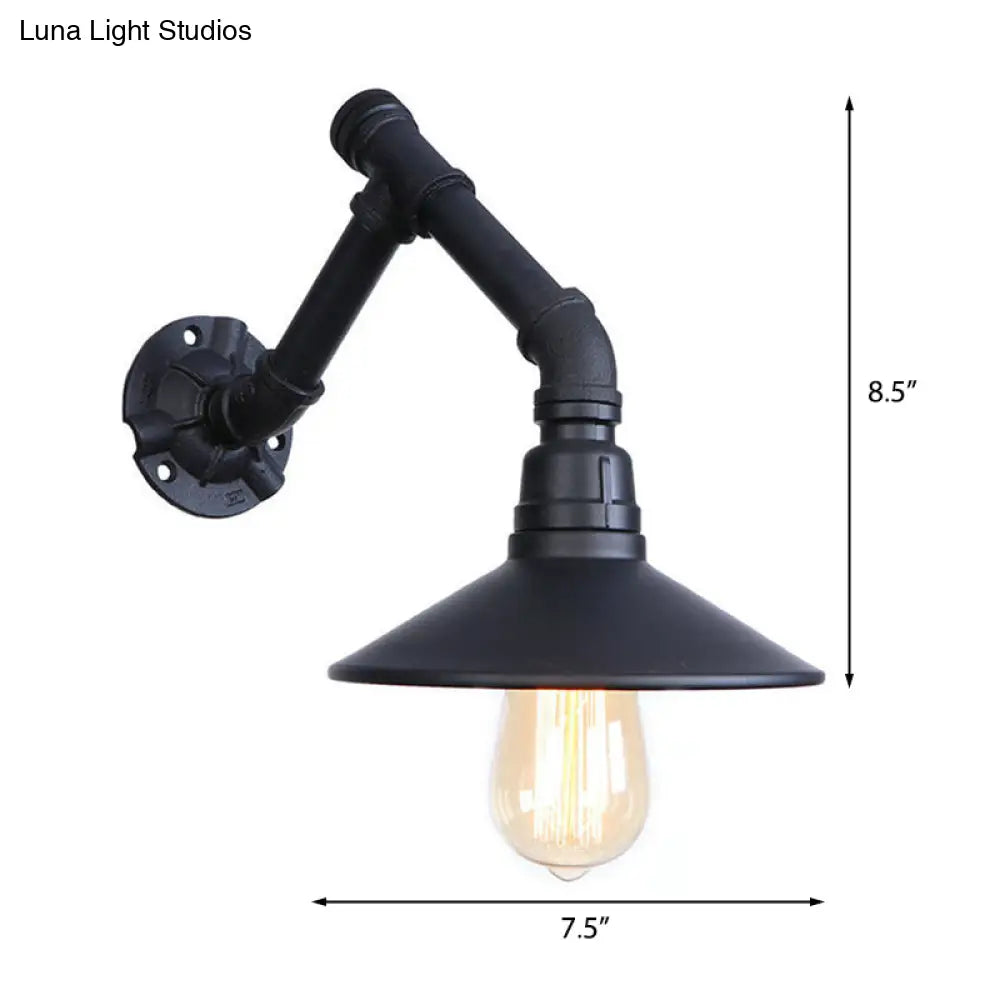 Vintage Conical Wall Sconce Light with Unique Pipe Design - Black Metal, Ideal for Bedroom